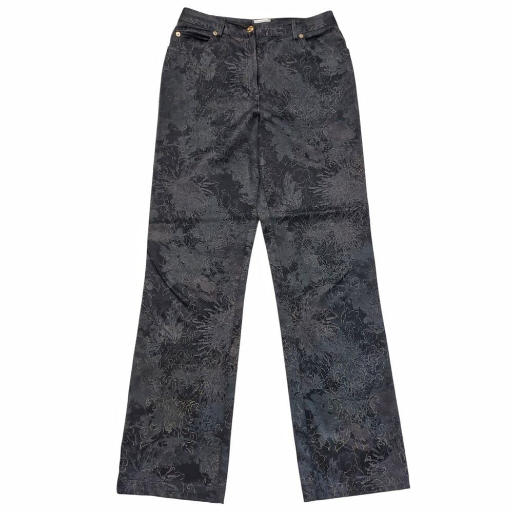 ST JOHN Black Floral Jeans Size 8 Shimmery Flower Print Stretch Straight Leg